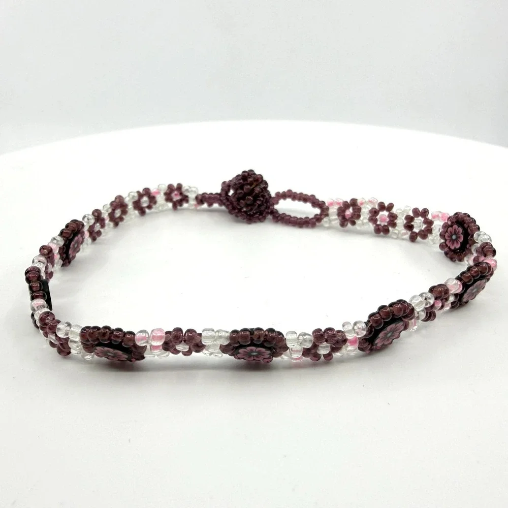Beaded Flower Bracelet Purple Pink Clear Glass Boho Y2K Cottagecore Accessory